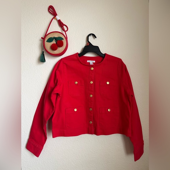 Free Assembly Jackets & Blazers - Bright Red Button-Front Jean Jacket and Cherry Crossbody Bag